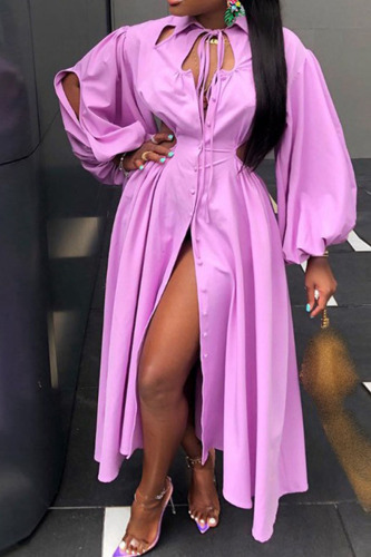 Purple Casual Solid Hollowed Out Patchwork Frenulum Buckle Turndown Collar Shirt Dress Dresses