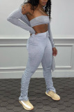 Grey Sexy Solid Patchwork Fold Strapless Long Sleeve Two Pieces