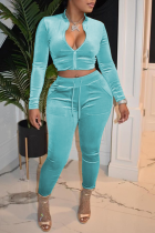 Light Blue Sexy Solid Split Joint Zipper Collar Long Sleeve Two Pieces