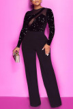 Black Sexy Solid Patchwork See-through Sequins O Neck Straight Jumpsuits