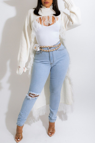 White Casual Solid Tassel Patchwork Asymmetrical Half A Turtleneck Tops
