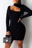 Blue Fashion Sexy Solid Hollowed Out Turtleneck Long Sleeve Dresses
