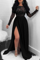 Black Fashion Sexy Patchwork Sequins See-through Backless Slit O Neck Evening Dress