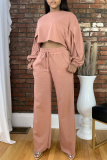 Deep Pink Fashion Casual Solid Basic O Neck Long Sleeve Two Pieces
