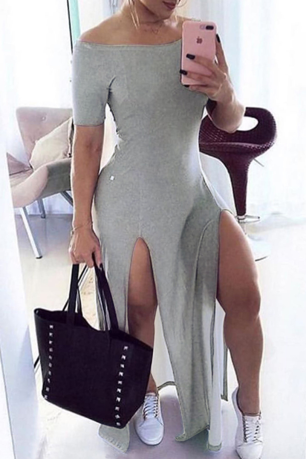 Grey Sexy Casual Solid Slit Off the Shoulder Short Sleeve Dress