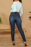 Dark Blue Fashion Casual Solid Buckle High Waist Skinny Denim Jeans