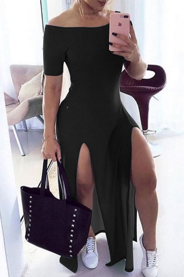 Black Sexy Casual Solid Slit Off the Shoulder Short Sleeve Dress