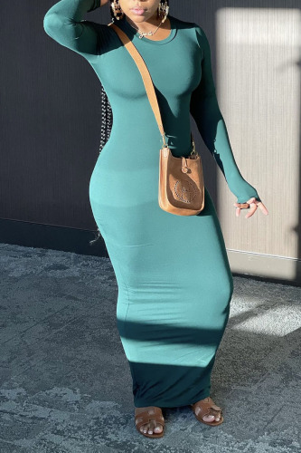 Green Casual Solid Patchwork O Neck One Step Skirt Dresses