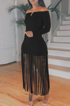 Black Sexy Casual Solid Tassel Off the Shoulder Long Sleeve Dresses