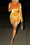 Yellow Fashion Casual Solid Asymmetrical Half A Turtleneck Long Sleeve Dresses