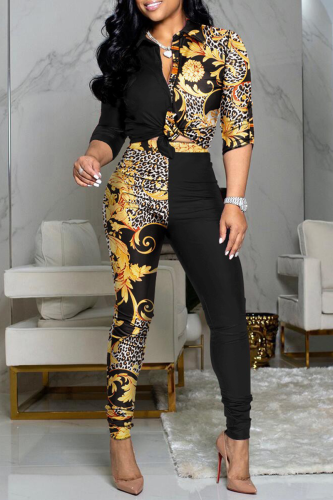 Yellow Casual Print Patchwork Turndown Collar Long Sleeve Two Pieces