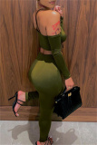Green Sexy Casual Solid Hollowed Out Backless Halter Long Sleeve Two Pieces