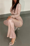 Pink Fashion Casual Solid With Belt V Neck Regular Jumpsuits