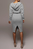 Grey Casual Solid Patchwork Pocket Hooded Collar Long Sleeve Two Pieces