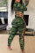 Khaki Sexy Print Hollowed Out O Neck Skinny Jumpsuits