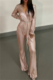 Pink Fashion Casual Solid With Belt V Neck Regular Jumpsuits