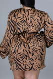 Leopard Print Fashion Casual Print Bandage V Neck Long Sleeve Plus Size Dresses