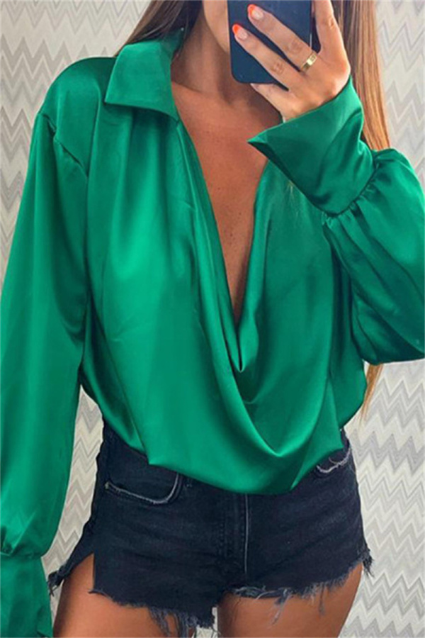 Green Fashion Casual Solid Basic Turndown Collar Tops