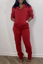 Red Fashion Casual Solid Zipper Hooded Collar Long Sleeve Two Pieces