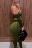Green Sexy Casual Solid Hollowed Out Backless Halter Long Sleeve Two Pieces