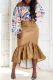 Khaki Fashion Casual Solid Patchwork Regular High Waist Skirt
