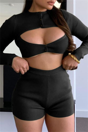 Black Sexy Casual Solid Hollowed Out Patchwork O Neck Long Sleeve Two Pieces