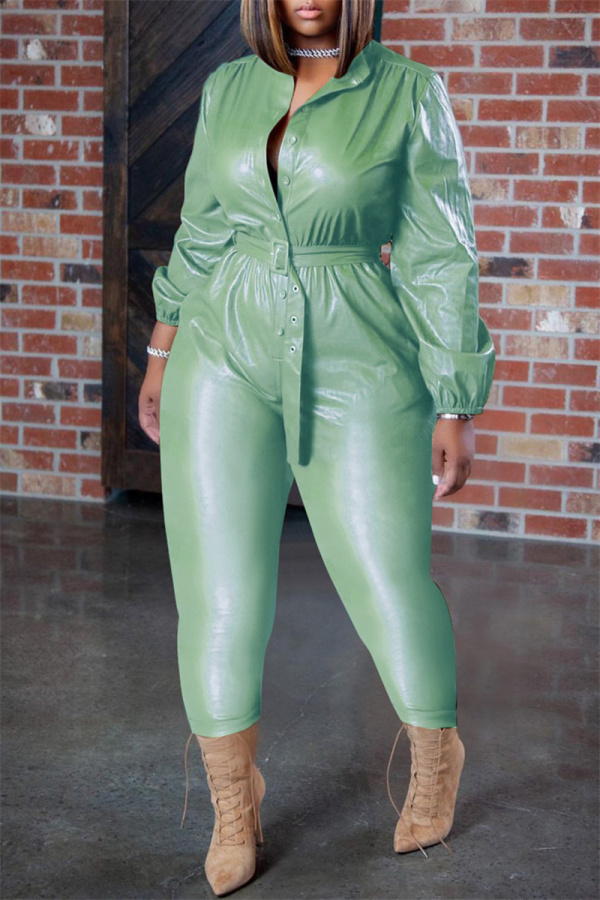 Mint green Fashion Casual Solid With Belt Regular Jumpsuits