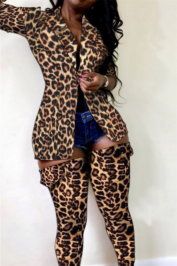 Spring Leopard Print Long Sleeve Cardigan Trousers Suit Two Piece Set for Women