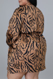 Leopard Print Fashion Casual Print Bandage V Neck Long Sleeve Plus Size Dresses