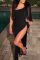 Black Sexy Solid Bandage Hollowed Out Backless Oblique Collar Long Sleeve Dresses