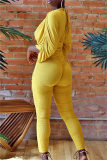 Yellow Fashion Casual Solid Bandage Backless V Neck Skinny Jumpsuits