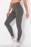 Grey Casual Sportswear Solid Buckle High Waist Skinny trousers