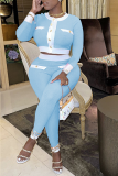 Light Blue Sexy Solid Buckle O Neck Long Sleeve Two Pieces