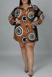 Brown Fashion Casual Plus Size Print Basic Turndown Collar Shirt Dress
