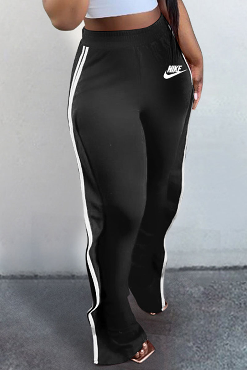 

Black Fashion Casual Print Split Joint Loose Mid Waist Straight Bottoms