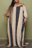 Khaki Casual Striped Print Split Joint Off the Shoulder Straight Plus Size Dresses