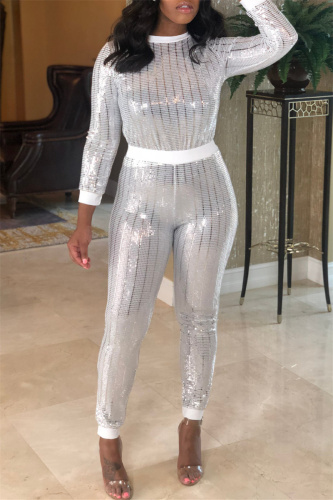 White Fashion Casual Patchwork Sequins O Neck Long Sleeve Two Pieces