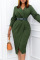 Green Elegant Solid Patchwork With Belt Turn-back Collar One Step Skirt Dresses