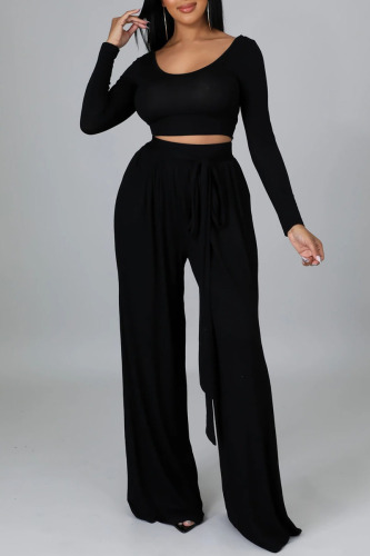 Black Casual Elegant Solid Bandage Patchwork U Neck Long Sleeve Two Pieces