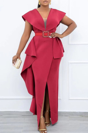 Red Elegant Solid Patchwork Flounce With Belt Asymmetrical V Neck One Step Skirt Dresses