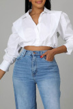 White Casual Solid Patchwork Buckle Turndown Collar Tops