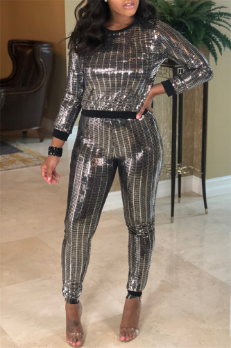 Silver Black Fashion Casual Patchwork Sequins O Neck Long Sleeve Two Pieces