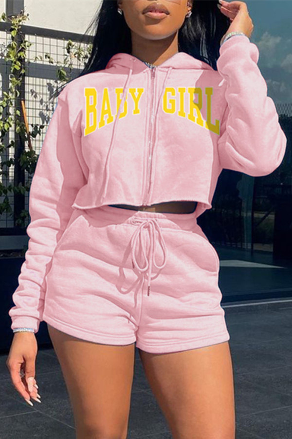 Pink Fashion Casual Letter Print Zipper Hooded Collar Long Sleeve Two Pieces