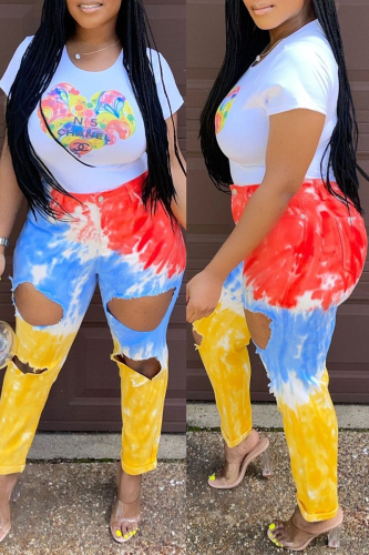 Multi-color Fashion Casual Print Ripped Regular High Waist Pencil Trousers