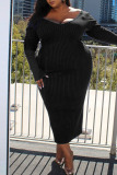 Black Casual Solid Patchwork V Neck One Step Skirt Plus Size Dresses