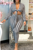 Black And White Sexy Plaid Patchwork V Neck Long Sleeve Two Pieces