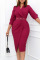 Rose Red Elegant Solid Split Joint With Belt Turn-back Collar One Step Skirt Dresses