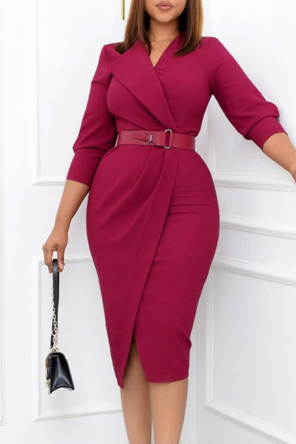 Rose Red Elegant Solid Patchwork With Belt Turn-back Collar One Step Skirt Dresses