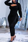 Black Sexy Casual Solid Hollowed Out O Neck Long Sleeve Plus Size Dresses
