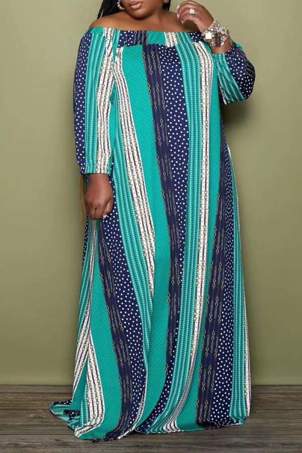 Green Casual Striped Print Split Joint Off the Shoulder Straight Plus Size Dresses